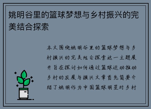 姚明谷里的篮球梦想与乡村振兴的完美结合探索
